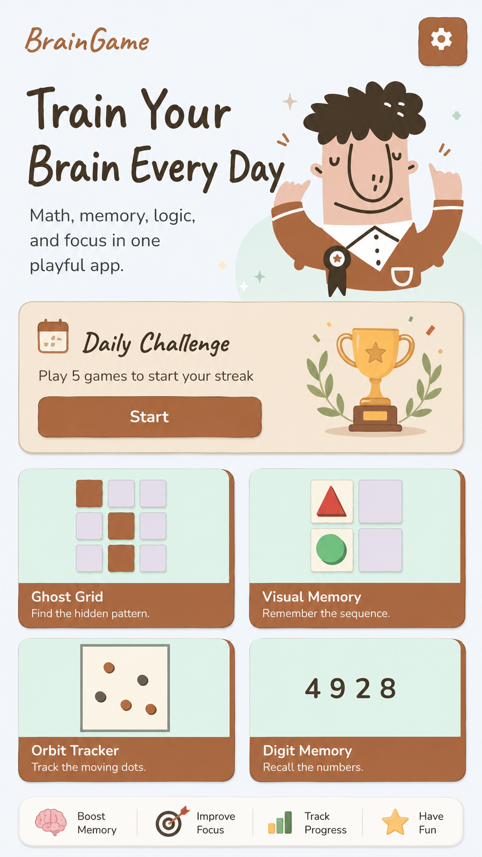 BrainGame home and daily challenge screen