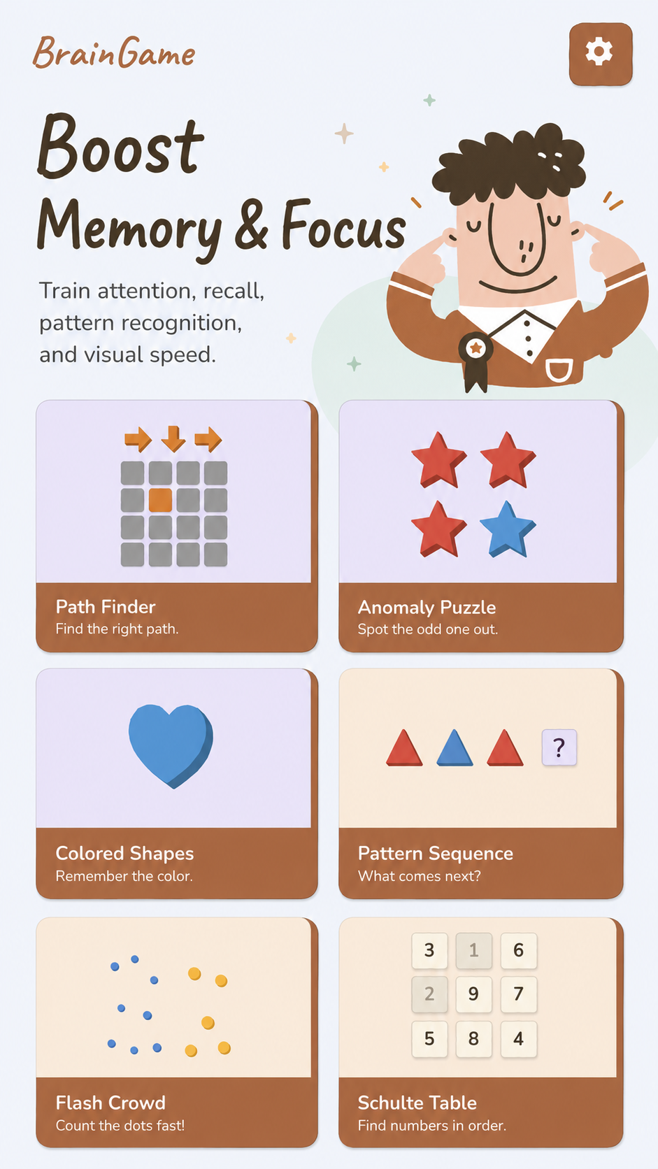 BrainGame memory and focus games screen