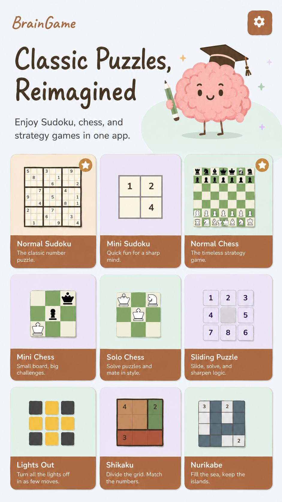 BrainGame classic puzzles screen