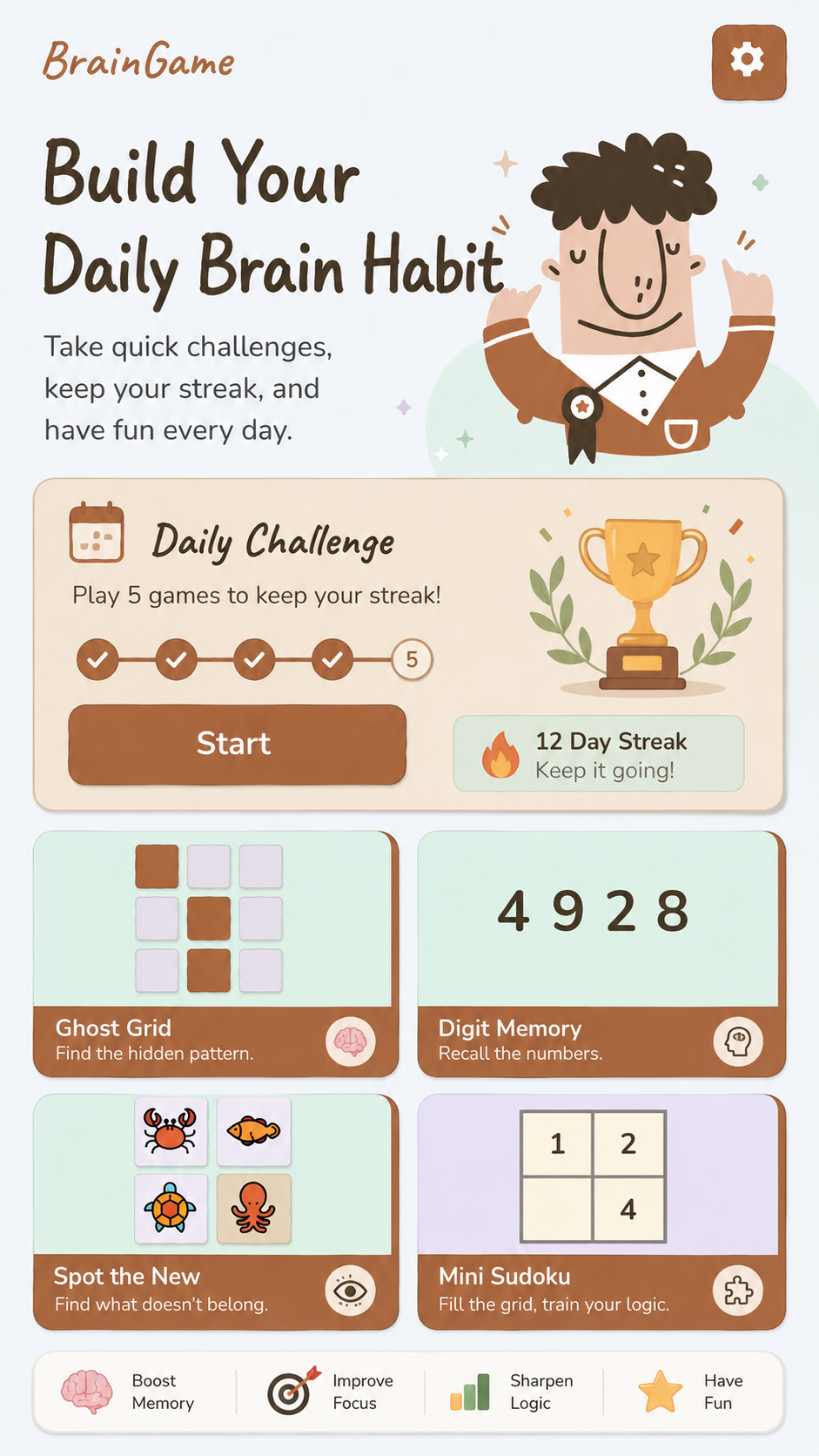 BrainGame daily habit and game list screen